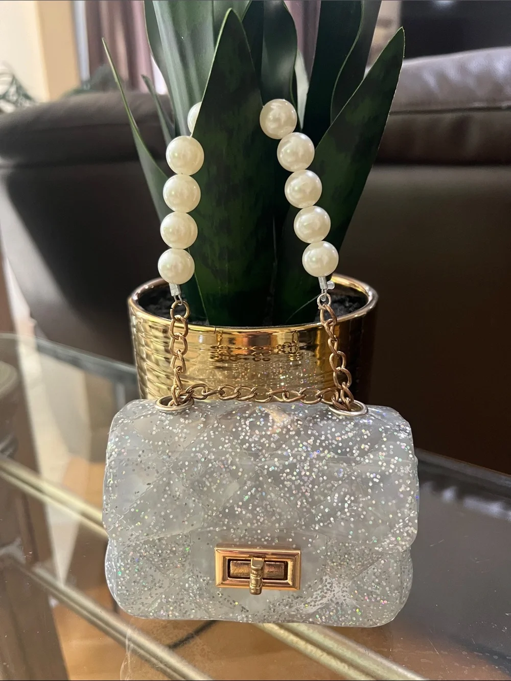 Pearl-Handle Glitter Mini Bag - White